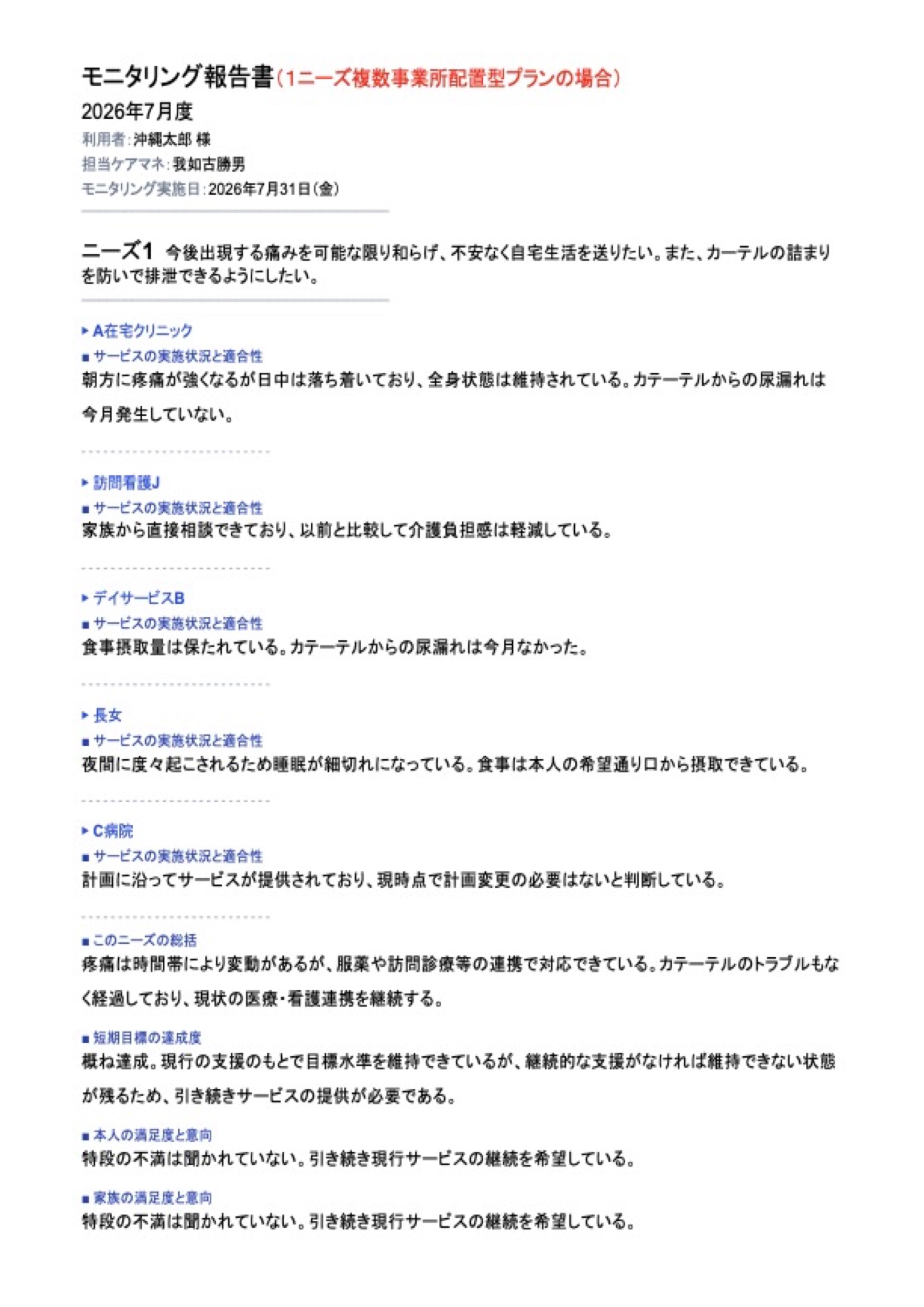ケアマネエージェントが生成したモニタリング報告書のサンプル